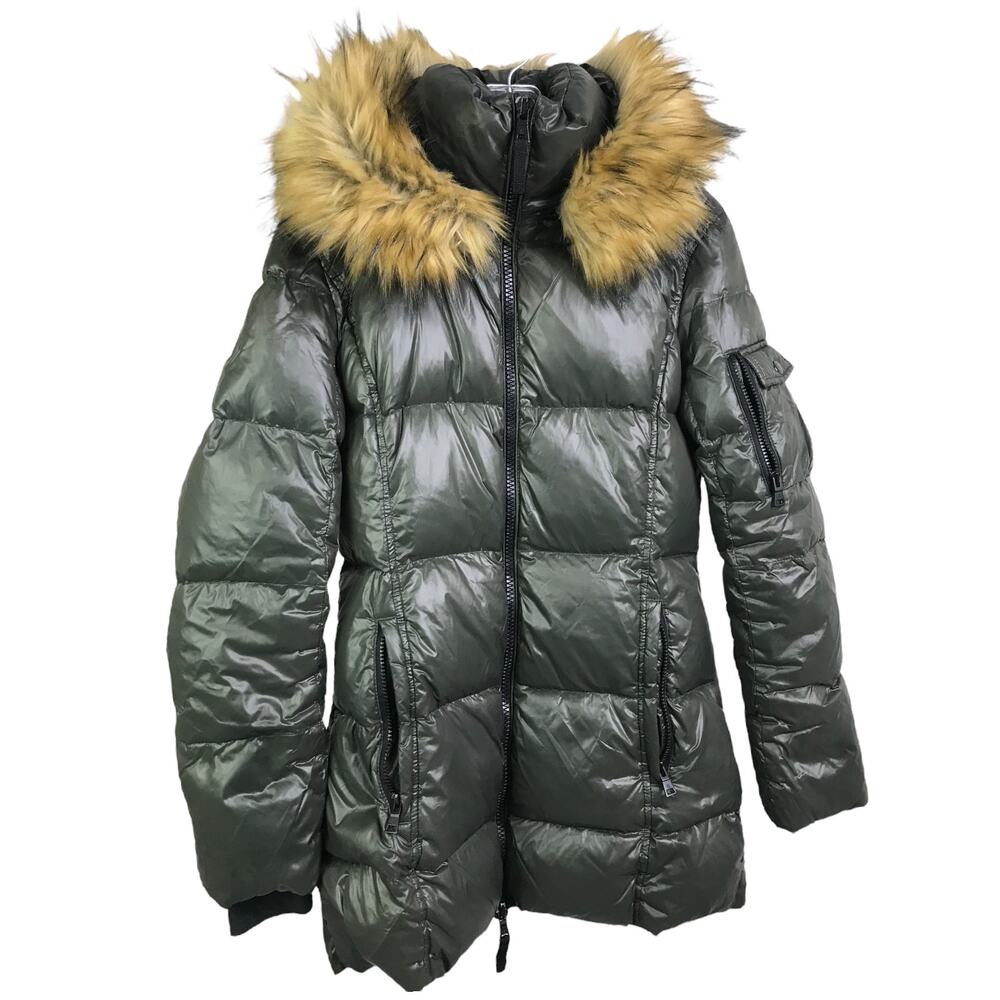 S13 Puffer‎ Jacket Womens Sz M Down Faux Fur Feather Hood Dark Green